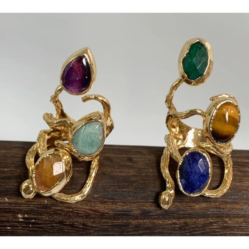 Statement Multi-Stone Agat Spiral Ring 24k Gold Plated - Picture 5 of 6
